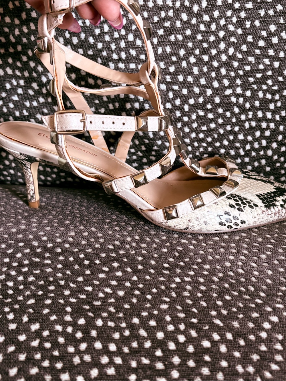 BCBG Studded Strappy Heel in Beige and Black Snake-Print 7
